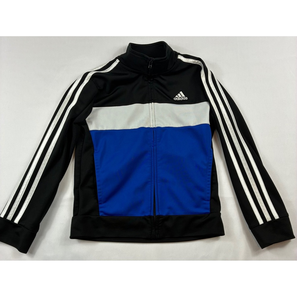 Adidas Track Jacket Boys Size 7 Black White Blue Good Condition Colorblock Zip